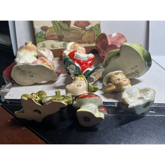 6 1950’s Japan ENESCO? PIXIE ELF FIGURINE Lot CERAMIC ELVES, Gnomes, Vase, 3”-5” - Picture 6 of 6